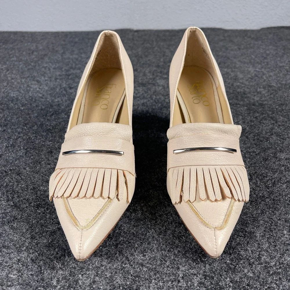 Franco Sarto Noble Womens Narrow Blush Leather Fringe Block Heel Pumps Size 5.5